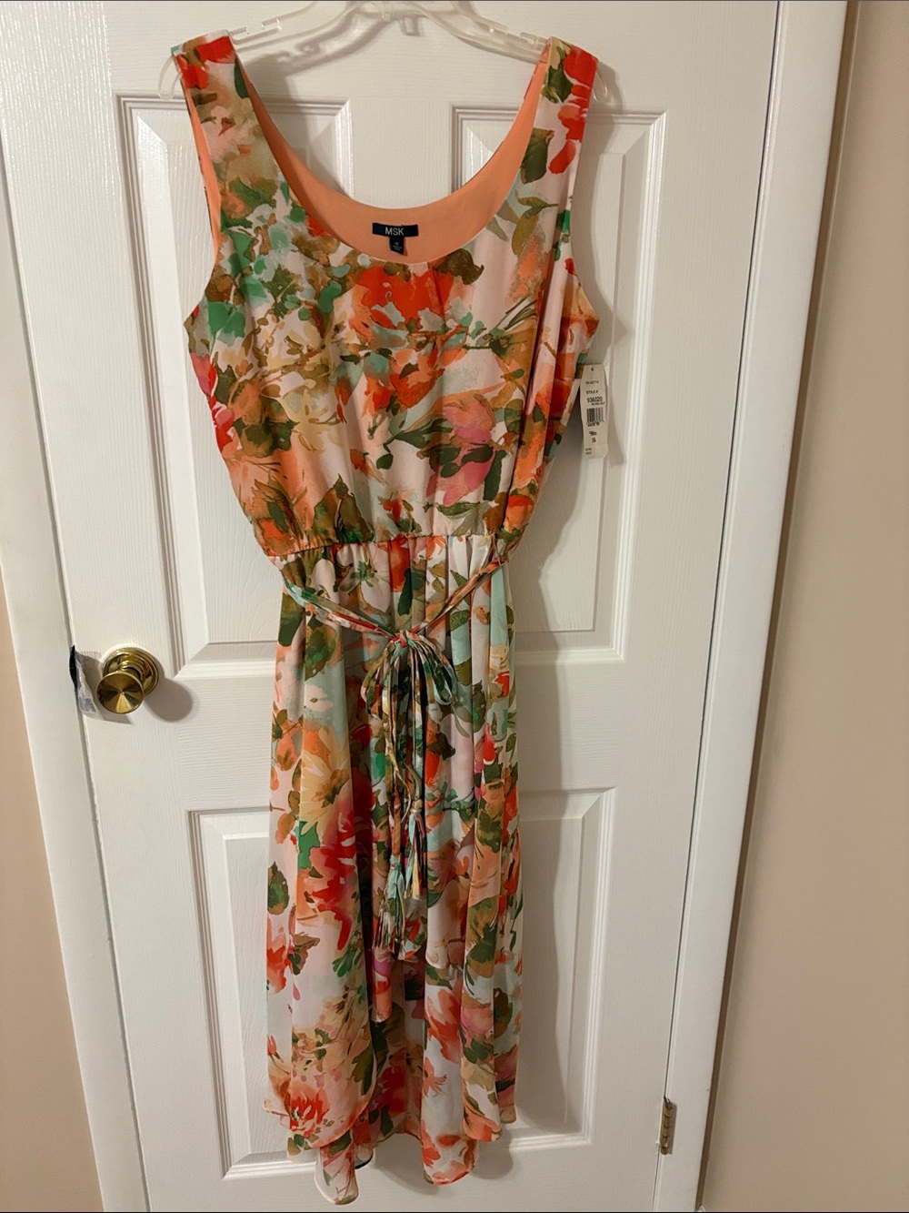 MSK Peach Floral Tie-Waist Maxi Dress